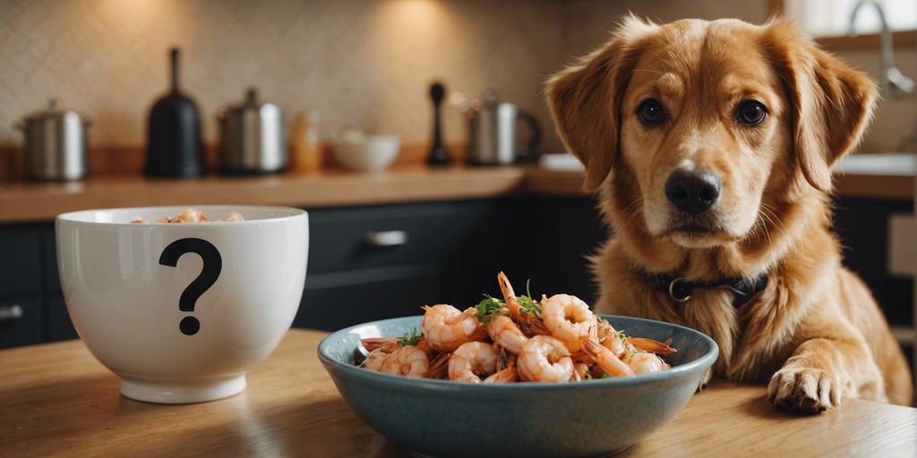 Happy dog sitting beside a bowl of shrimp with a question mark above its head, pondering if it's safe to eat.
