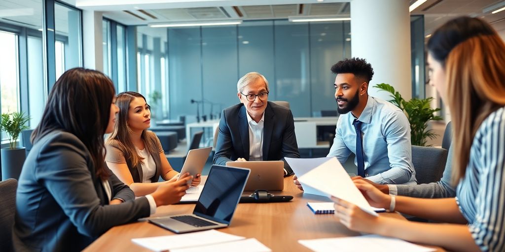 Diverse professionals discussing in a modern office environment.