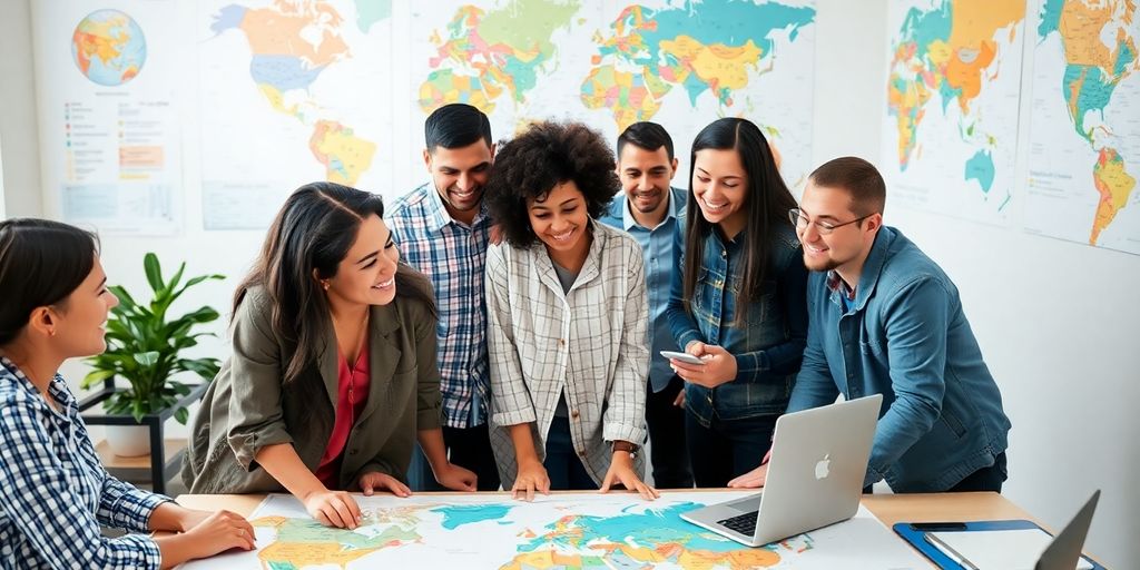 Diverse group collaborating in a bright workspace.