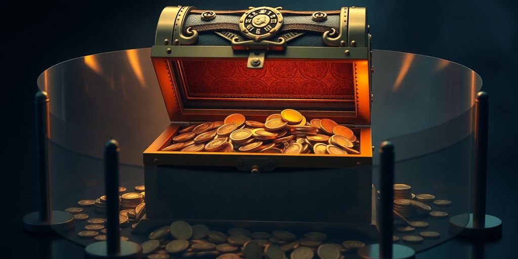 Coffre-fort rempli de pièces d'or et bijoux.