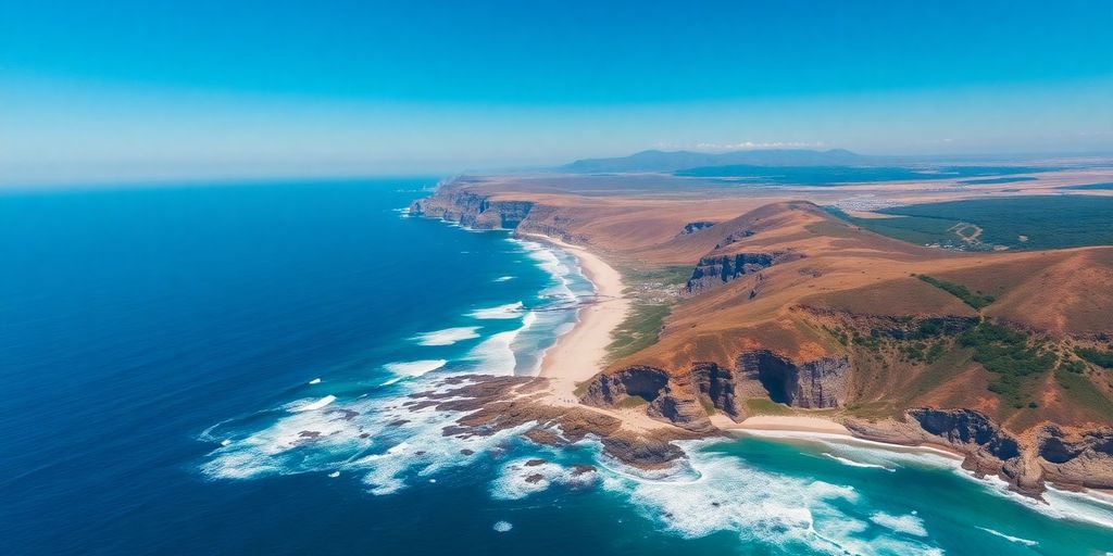 Vue aérienne de la côte californienne avec plages et falaises.