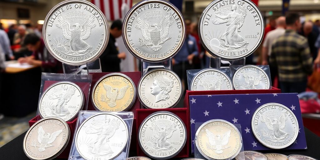 Silver proof sets on display at a Dallas coin show.