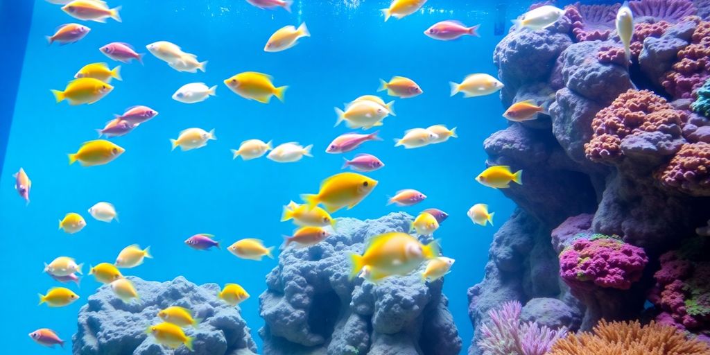 Peces coloridos en un acuario de agua salada claro.