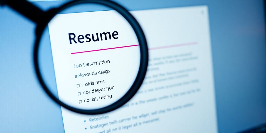 Resume on screen, magnifying glass, matching concept.