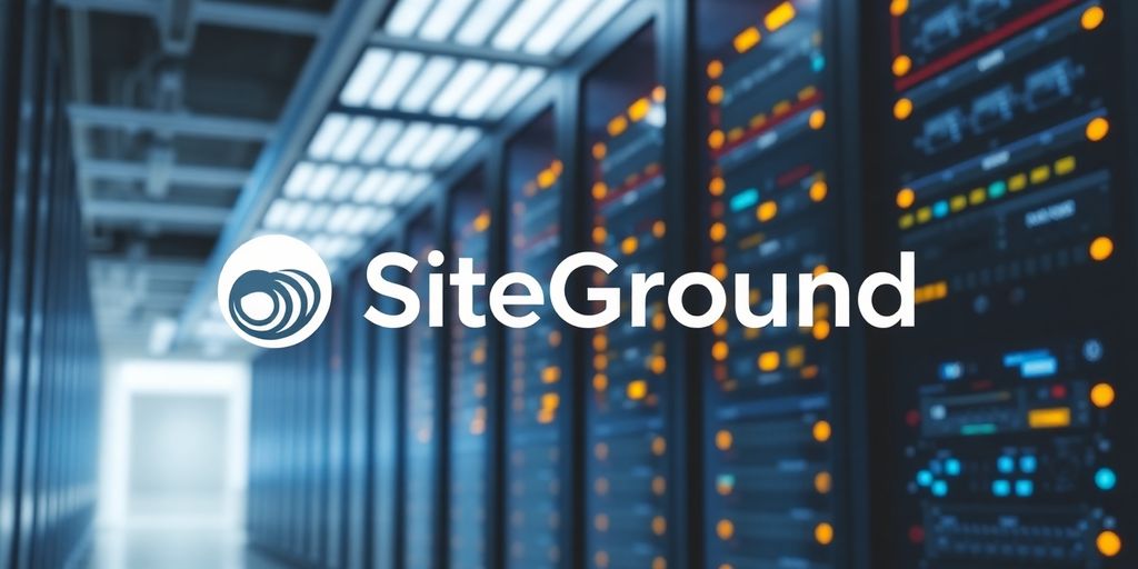SiteGround logo with hosting server racks.