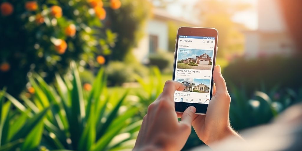 Person using smartphone to browse home listings outdoors.
