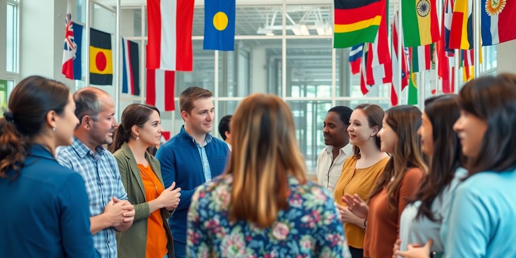 Diverse people conversing with flags from different countries.