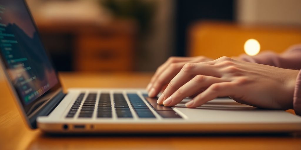 Person typing on a laptop with focused hands.