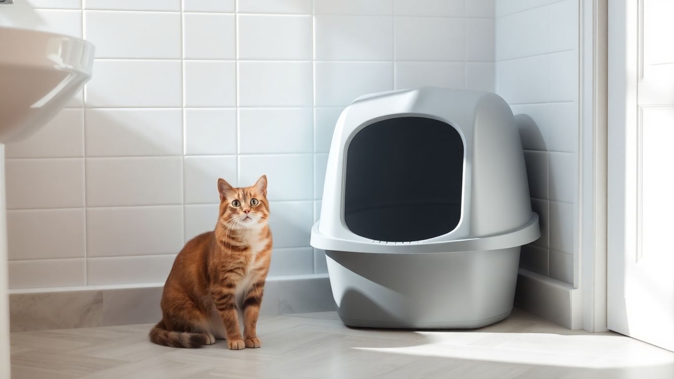 Grey high-back corner cat litter box with a domestic cat