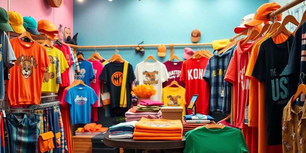 Colorful custom apparel and accessories in a creative display.