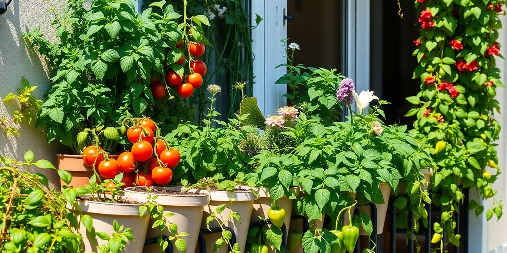 Balkon mit vertikalem Garten, blühenden Pflanzen und reifen Früchten.