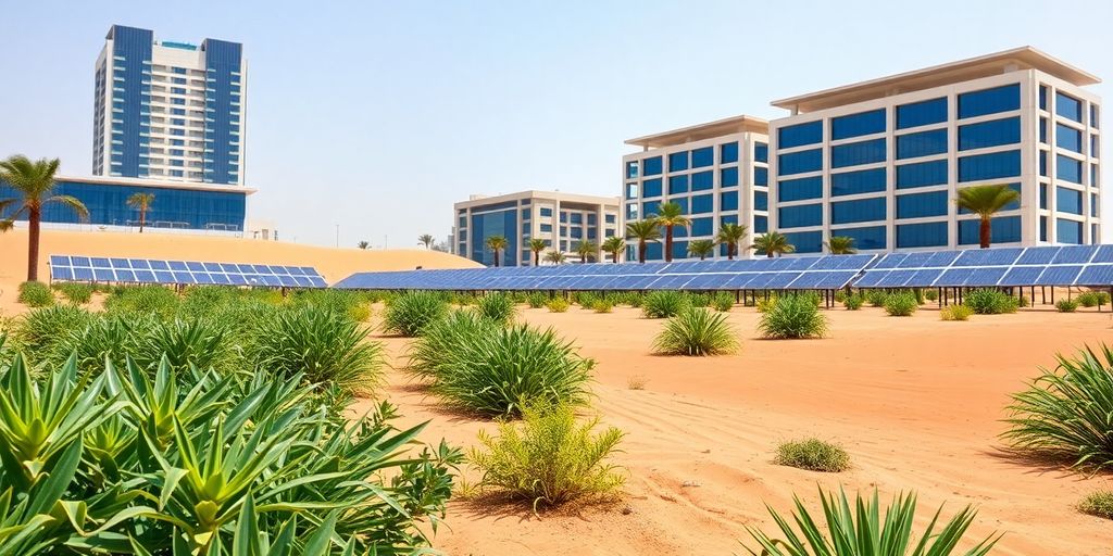 Desert landscape featuring solar panels and greenery in UAE.