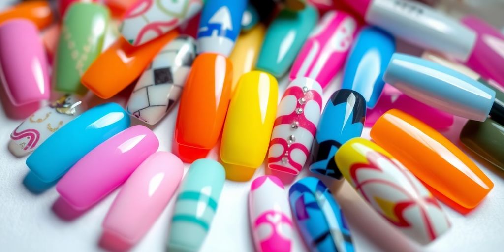 Conjunto de unhas postiças autocolantes coloridas e elegantes.