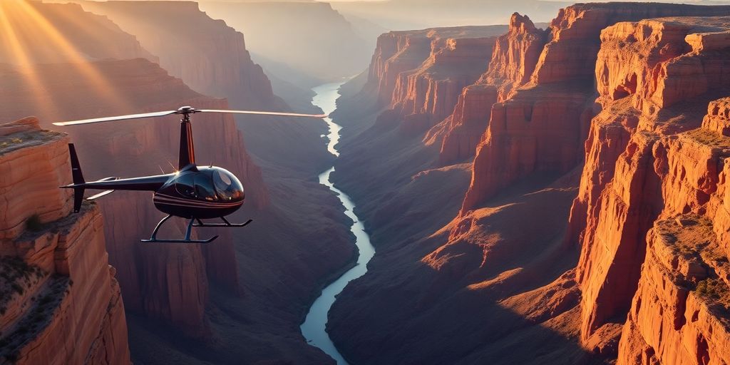 A modern helicopter flying over the Grand Canyon at sunrise.