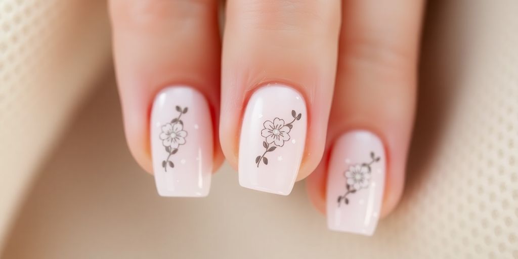 Unhas decoradas em cores claras com design delicado.
