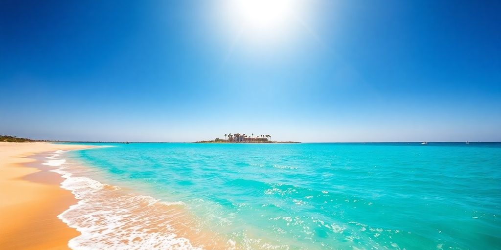 Azure ocean, sandy beach, distant resort, clear skies, vibrant sun.
