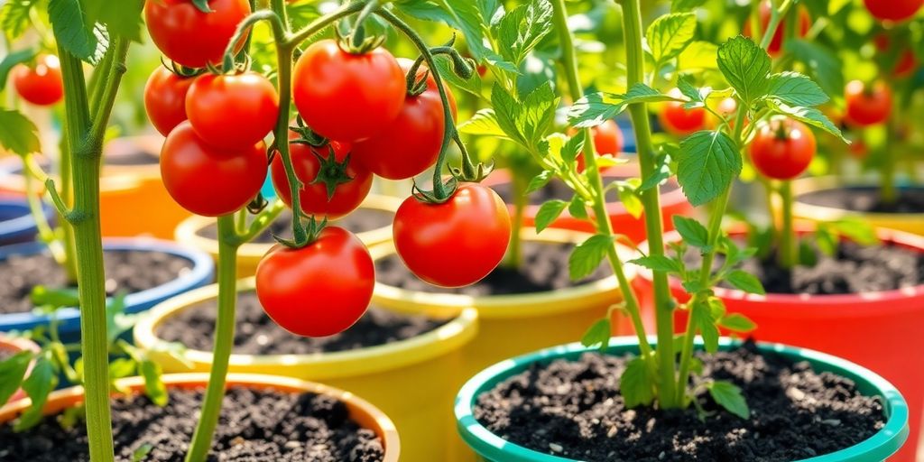 Gesunde Tomatenpflanzen in bunten Töpfen mit Erde.