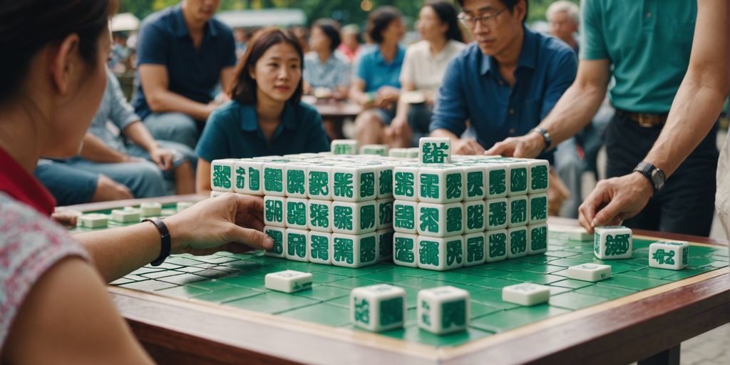 People playing with giant Mahjong tiles outdoors, showcasing the game's unique and engaging twist on the classic version.