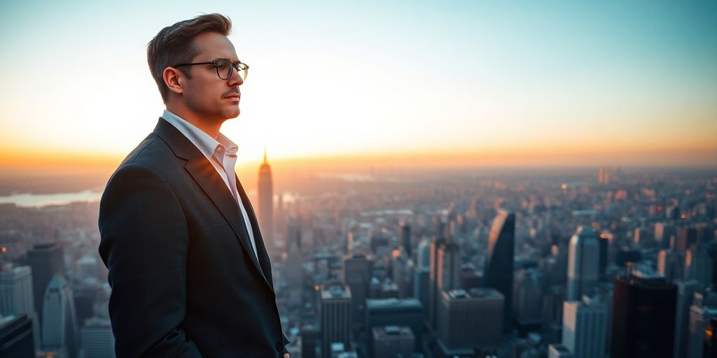 Leader overlooking city, purposeful, decisive.