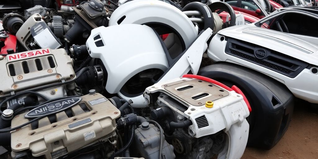 Nissan car parts arranged neatly.
