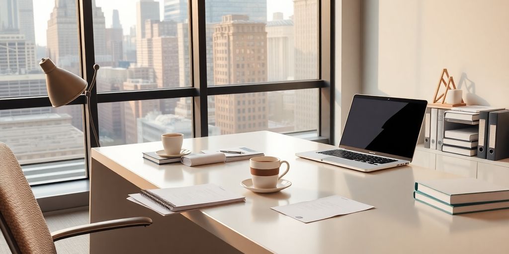 New York office setting with desk and laptop.