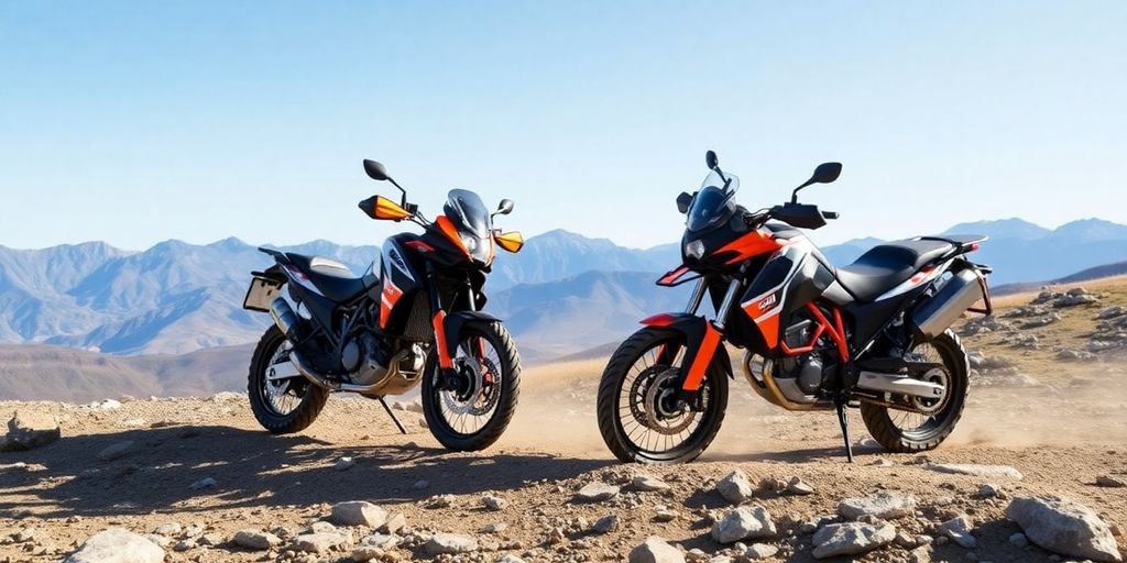 Two KTM adventure motorcycles on a rocky trail.