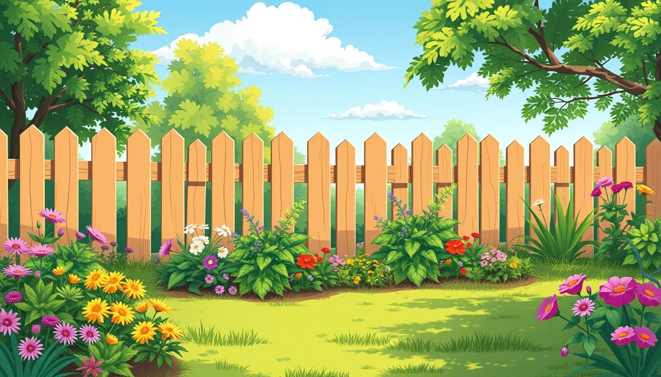 Garden with wooden fence and colourful flowers