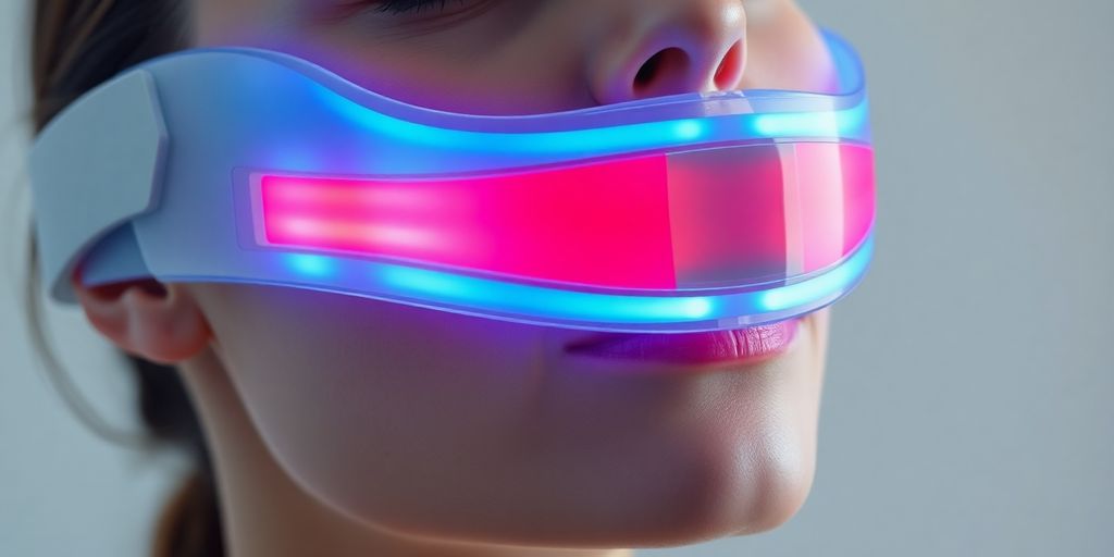 Woman wearing LED phototherapy mask with red and blue lights.