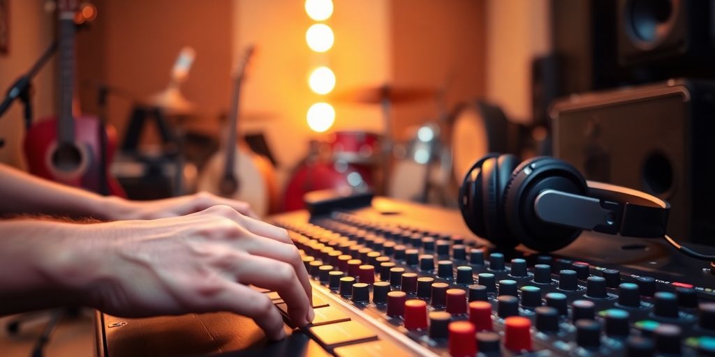 Musician, headphones, soundboard, instruments, warm lighting.