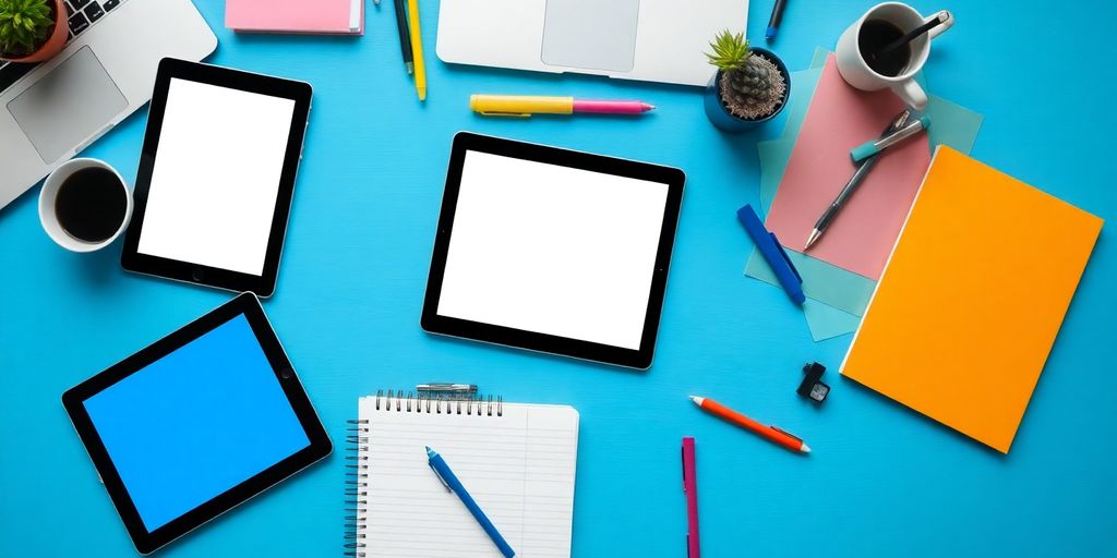 Modern workspace with digital tools and creative materials.