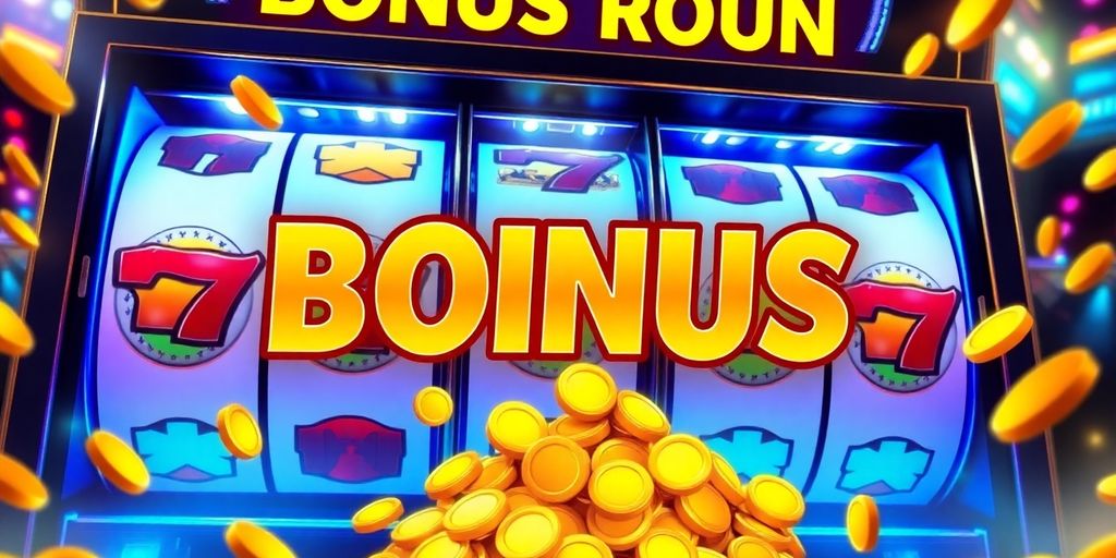 Slot machine reels with glowing bonus symbols.