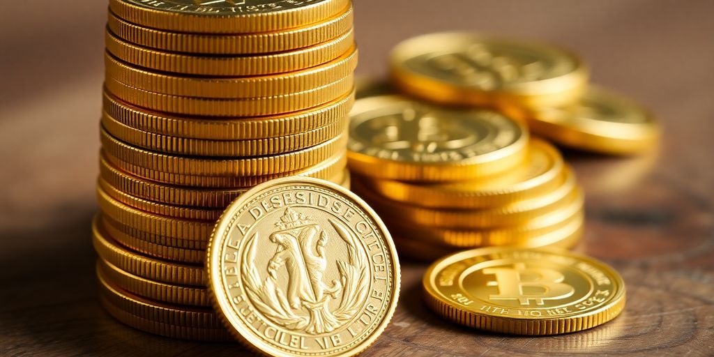 Des pièces d'or empilées sur une surface en bois.