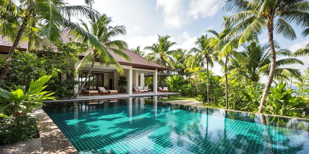 Luxurious villa with tropical gardens and infinity pool.