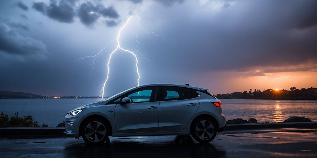 Voiture électrique près de l'eau sous un éclair.