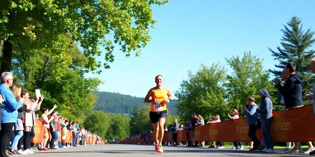 Runner on a half marathon course with spectators cheering.