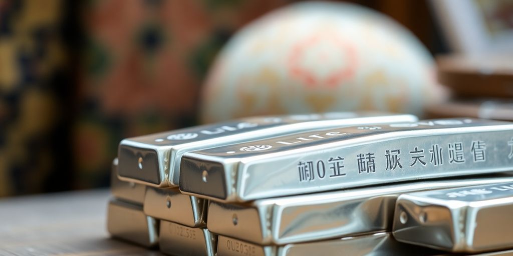 Lingots d'argent empilés avec des motifs asiatiques en arrière-plan.