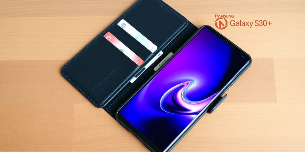 Samsung S10+ wallet case on a table.