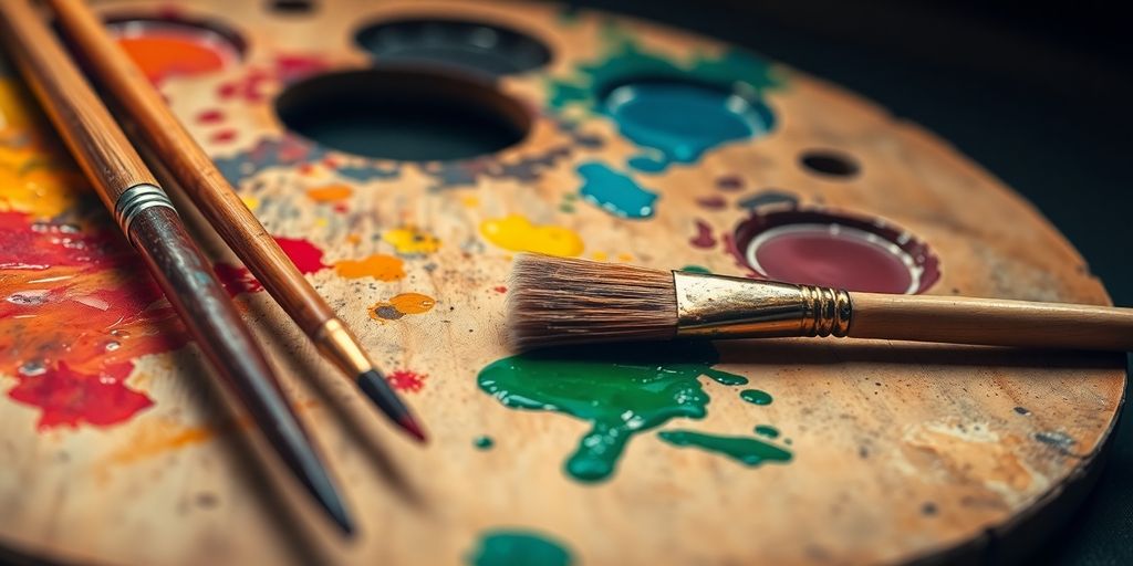 Close-up of Leonardo da Vinci's colorful paint palette.