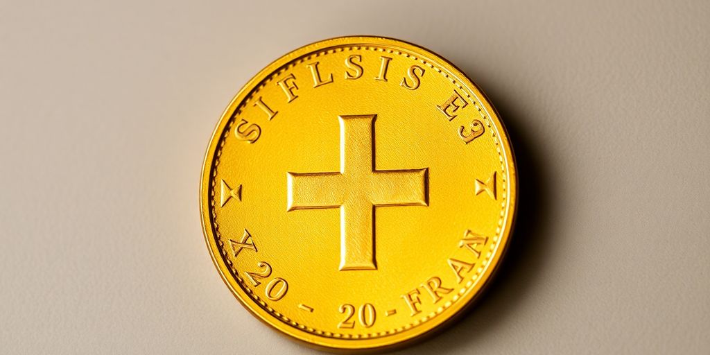 Une pièce d'or suisse de 20 francs avec une croix suisse.