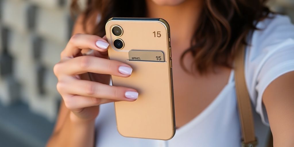 iPhone 15 wallet case with gold accents and card slots.