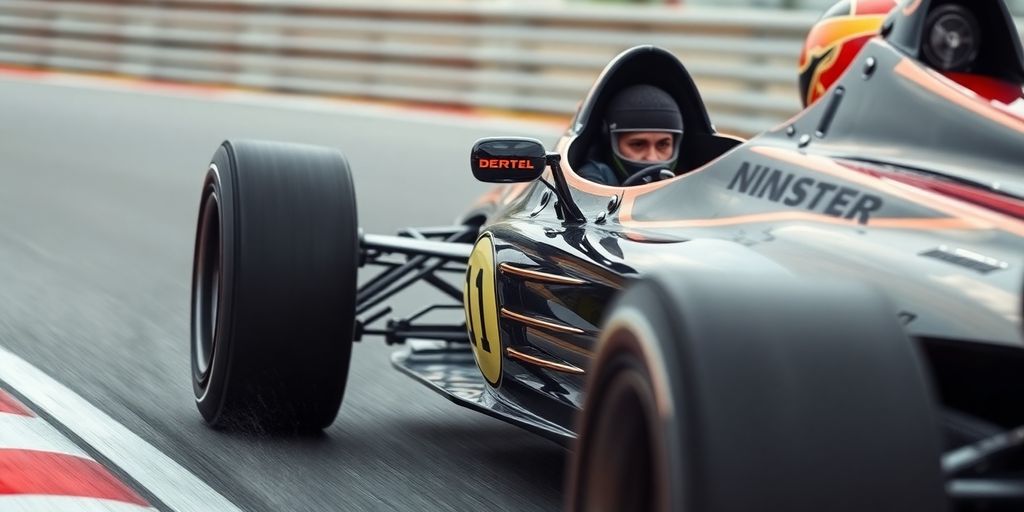 Race car speeding on track, driver focused in cockpit.