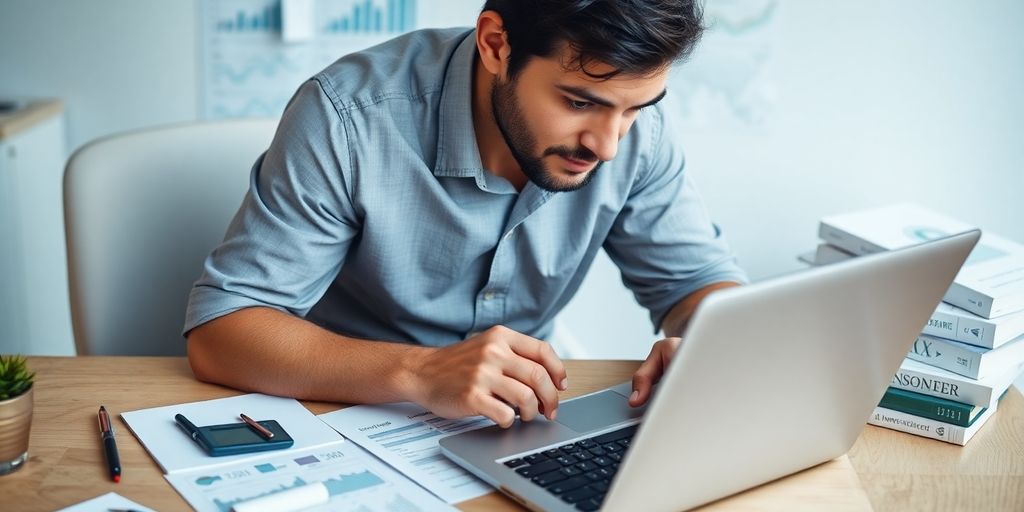 Financial planner using a laptop and calculator in office.