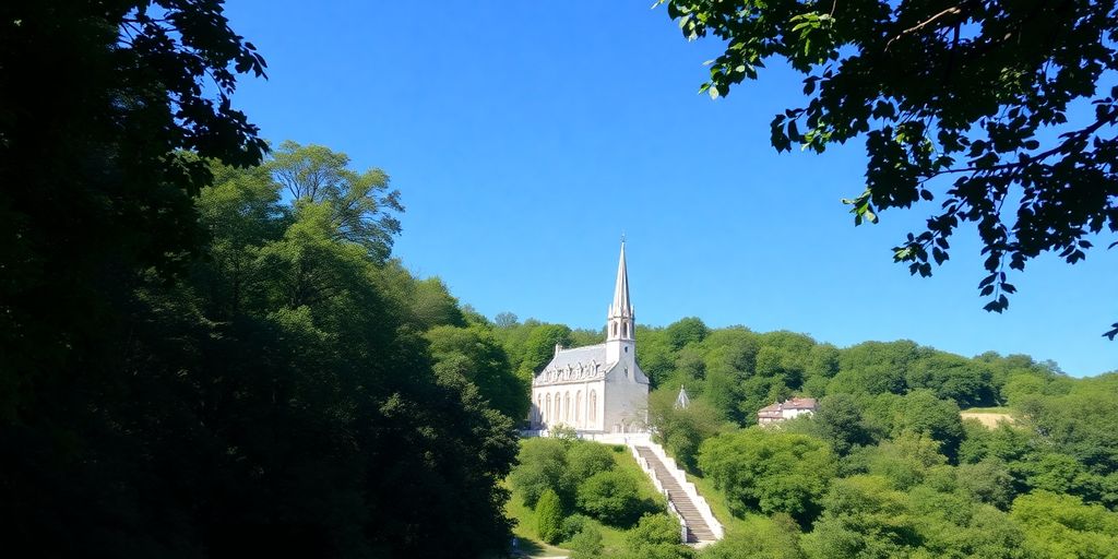 Vue paisible du sanctuaire de Lourdes au soleil.