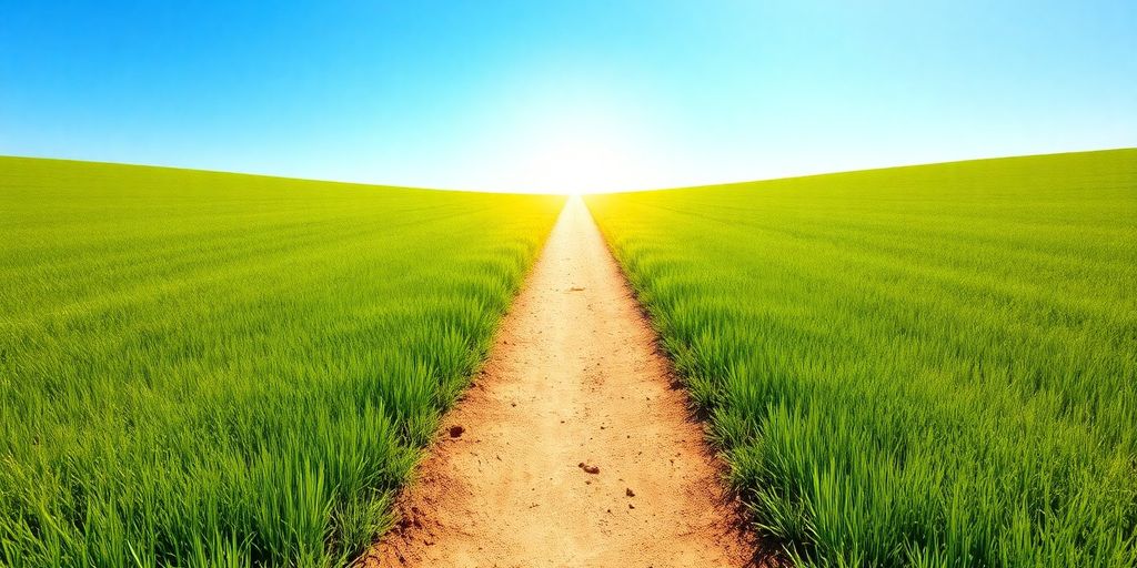 Clear path through green field extends towards bright horizon.