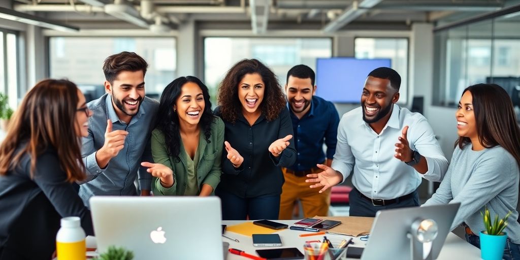 Diverse professionals collaborating in a modern office setting.