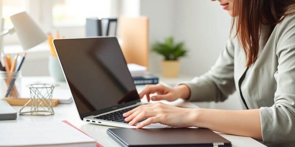 A focused worker at a tidy desk with a laptop.