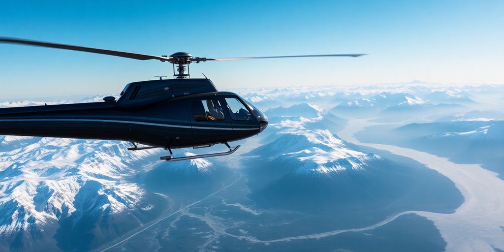 A modern helicopter flies over vast Alaskan mountains and glaciers.