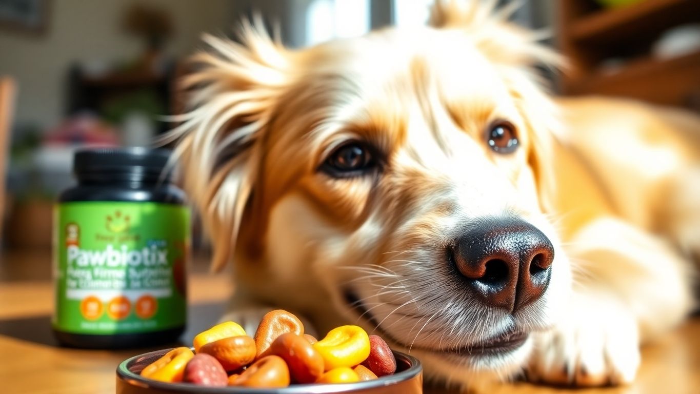 Happy dog with Pawbiotix supplements and colorful treats.