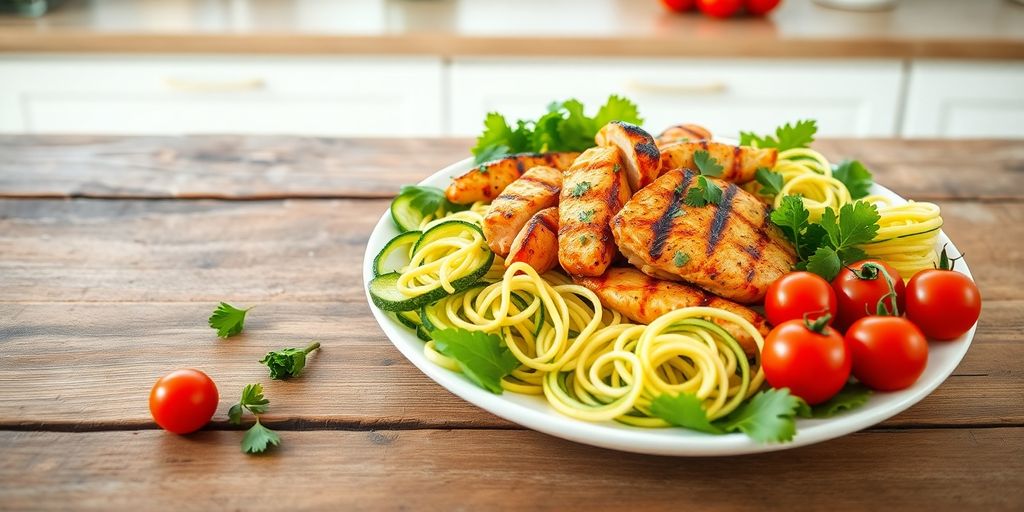 Colorful low-calorie meal, fresh ingredients, kitchen setting.