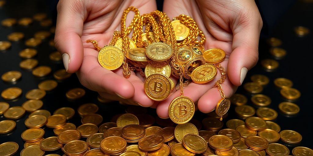 一只手拿着金饰，金币掉落下来。